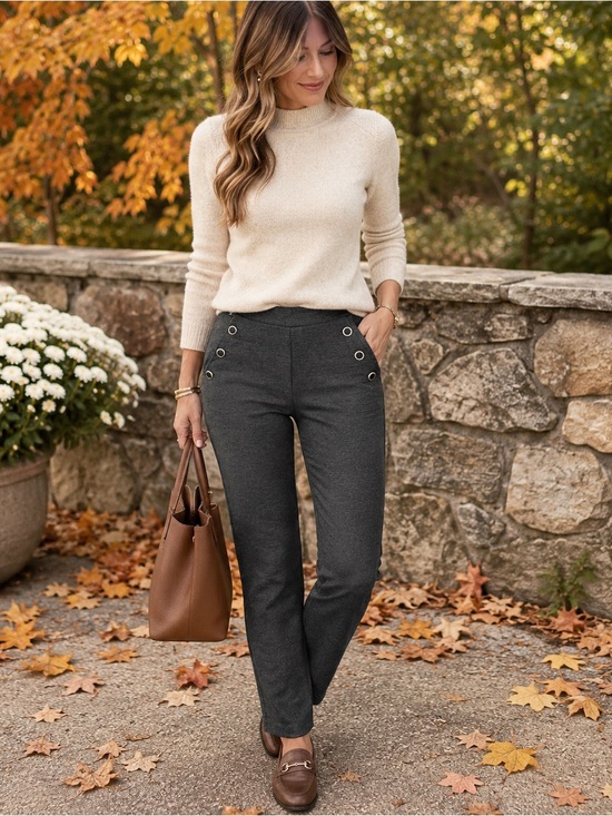 89th & Madison Pants - 89th & Madison Gray Ponte Pull On Pants Button Detail Medium